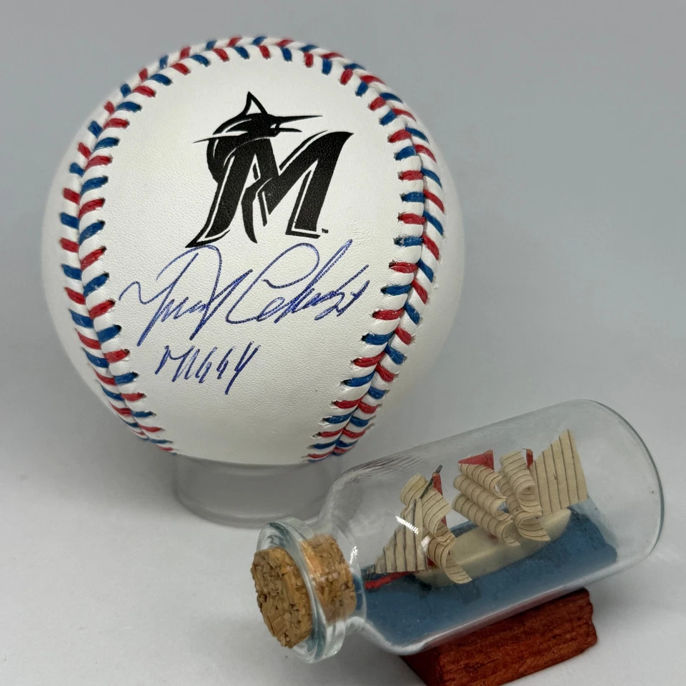 Miguel Cabrera signed Marlins Team Stitch Logo Baseball JSA COA Inscribed A3947 - Image 1 of 1