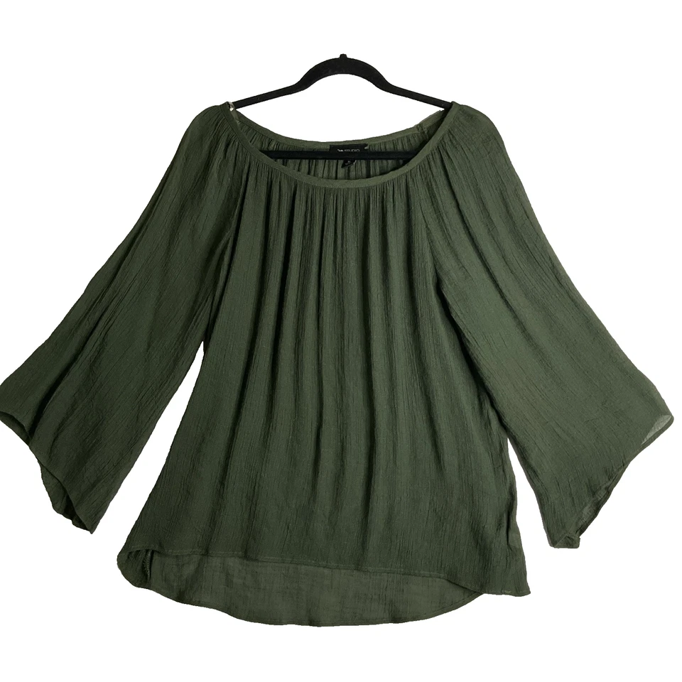 Olive Green Gauzy Semi Sheer Peasant Pullover Blouse Witchy Cottagecore Boho XL - Image 1 of 4