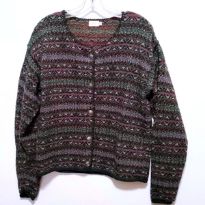Vintage Alps Knit Cardigan Sweater Aztec Fair Isle Pattern Button Front Womens L - Picture 1 of 11