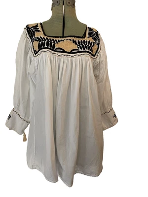 Túnica mexicana de algodón bordada a mano LS vintage bohemia negra blanca cruda Foto 1 de 4