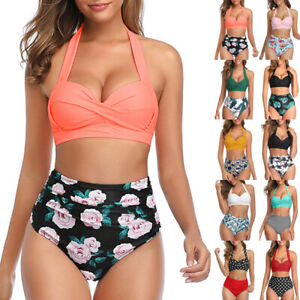 Women's Vintage Swimsuit Two Piece Retro Halter Ruched High-Waisted Print Bikini
