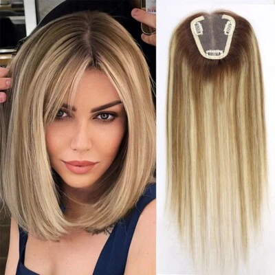 14Inch Highlight Blonde Human Hair Toppers for Women Straight Clip In Hairpiece - Image 1 of 4