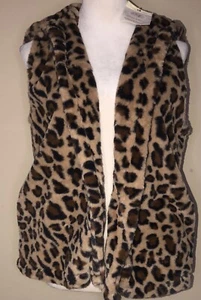 NWT Boutique Faux Leopard Print Hooded Fur Vest Pockets Size M/L - Picture 1 of 3