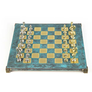 Classic Metal Staunton Chess Set - Brass Nickel Pawns Blue oxidized chess Board - Picture 1 of 7