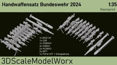 3DSCALEMODELWORX Bundeswehr Handwaffensatz 2024 1:35 G28, G36KA3, G36A3, AG36A, MP7, MG5, PzFst3T