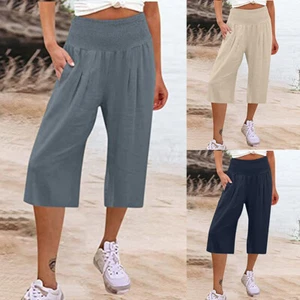 Linen Pants Wide Leg Pants Bottom Shorts 3/4 Length Solid High Waist Women / @ - Picture 1 of 20