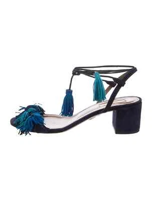 AQUAZZURA Blue Suede Tassel Accents T-Strap Sandals Size 8 IT 38 Good Used Cond. - Image 1 of 4