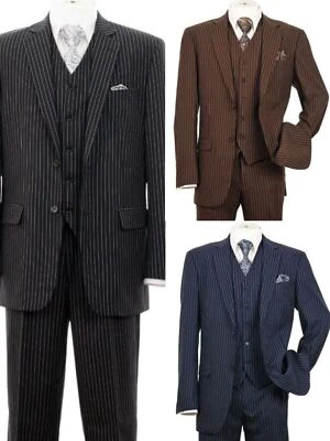 New Men's 3 piece w/ Vest Classic Luxurious Wool Feel Suits 2-Button Pinstriped - Image 1 of 4
