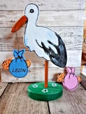 Storch zur Geburt Geschenk aus Holz Handarbeit 26 cm Klapperstorch namen - Bild 1 von 3
