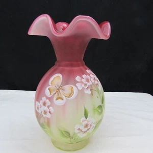 Fenton Topaz Amberina Butterfly Solstice Hand Painted Vase Special Order GLOWS!! - Picture 1 of 9