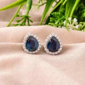 2Ct Pear Cut Lab Created Blue Sapphire Stud Earrings 14K White Gold Plated - Picture 1 of 4