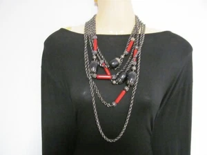 Vintage 3 Strand Red and Black Bead Long Chain Necklace - Picture 1 of 12