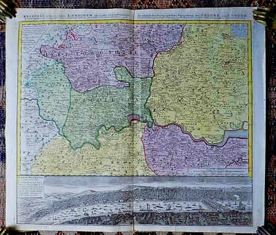 Mapa panorámico Homann Londres 1741 genuino antiguo puente del Támesis de Middlesex RARO Foto 1 de 4