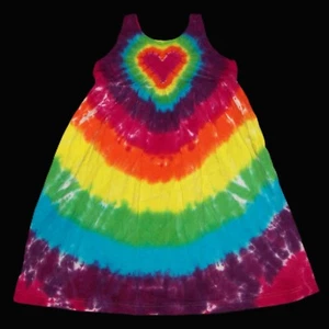 Tie Dye Girl's Empire Waist Dress 10 Rainbow Heart Hippie Tye Dyed Made in USA - Picture 1 of 1