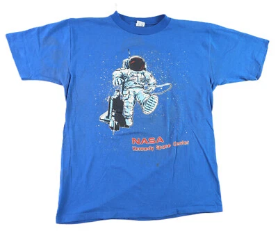 Camiseta ponto único azul vintage anos 80 EUA adulto L NASA Kennedy Space Center - Imagem 1 de 4