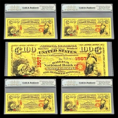 LOT X 5 1875 $100 BILL US GOLD BANKNOTE IN PROTECTIVE SLEEVE W COA - 24K GOLD - Image 1 of 4