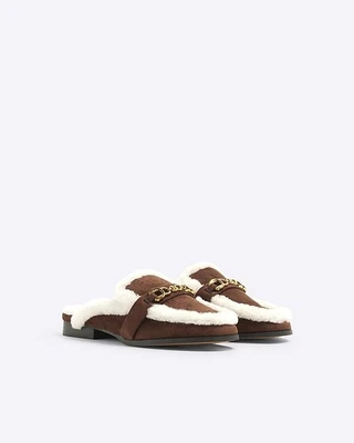 River Island Womens Mules Brown Faux Fur Slip On Backless Flat Summer Shoes - Image 1 of 4