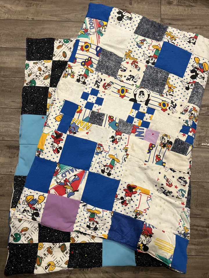 Vintage Handmade Patchwork Quilt Baby Blanket Disney Mickey Mouse Blue 60x42 - Image 1 of 1