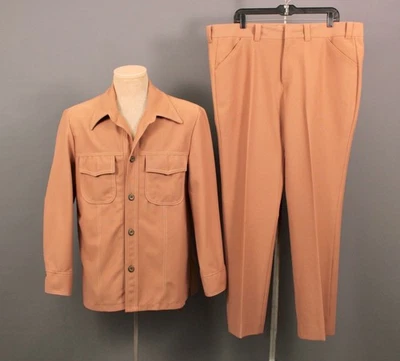 Men's VTG 70s Tan 2 PC Leisure Suit Sz 44 1970s Disco Polyester - Image 1 of 4