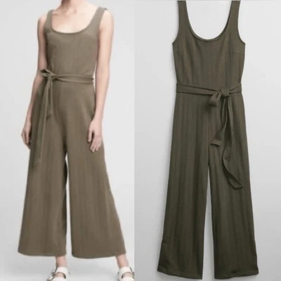 Gap Cotton Blend Easy Tie Belt Wide leg knit Jumpsuit romper green comfort L - Image 1 of 4