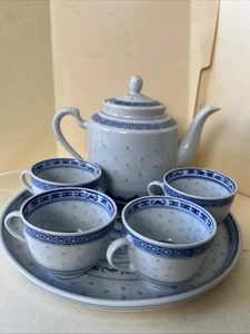 Vintage 6 PIECE Rice Eye Porcelain China TEA SET Blue White Dragon Jingdezhen - Picture 1 of 24