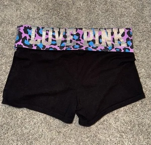 Pantalones Cortos de Yoga Y2K Victoria Secret ROSA Plateados Bling Plegables Azul Rosa Leopardo Lg - Imagen 1 de 8