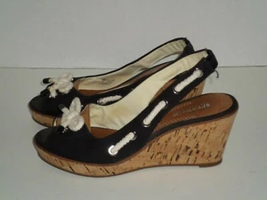 Sperry Top Sider Women's Black Peep Toe Wedge Heel Sandals Size 8 Super Cute - Picture 1 of 7