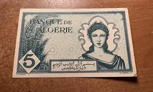 WW2 era French Controlled Algeria 5 Francs 1942 Banknote Foreign Currency WWII - Picture 1 of 4
