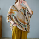 Damen V-Ausschnitt Hemd Baumwollmischung Bluse Ethnisch Stil Fl&#252;gel&#228;rmel Locker