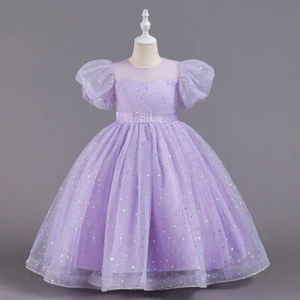 Formal Sequins Girls Dress Wedding Piano Bridemaids Party Kid Bubble Sleeve Gown - Picture 1 of 31
