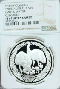 2000 AUSTRALIA SILVER 5 DOLLARS EMUS & WATTLE COLORIZED NGC PF 69 ULTRA CAMEO - Picture 1 of 4