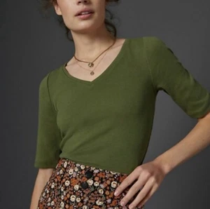 Top Anthropologie Acanalado Verde Oliva Capas Ajustado Cuello en V Manga Corta Talla LG - Imagen 1 de 4