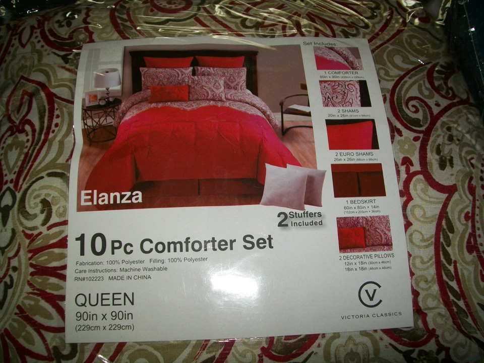 NEW 10 Piece Victoria Classics Elanza Red/Multi Polyester Queen Comforter Set  - Image 1 of 4