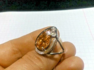 New Silver Ring Large Citrine Stone Apricot Tint Rare Women Gift Jewelry 18.5  - Picture 1 of 8