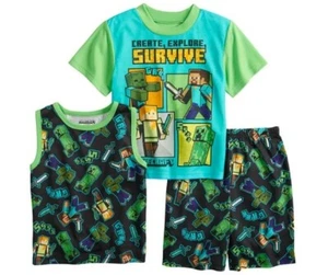 MINECRAFT Pajamas Boys size 8 NeW Shirt Shorts 3 piece Set NWT 2 Shirts Creeper - Picture 1 of 5