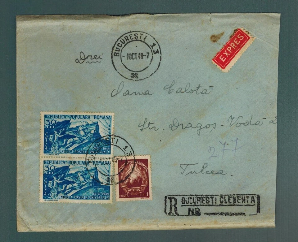 Cover Romania 1949 Sc.  707 Anniv. of Universal Postal Union (UPU) Registered  C Foto 1 de 2