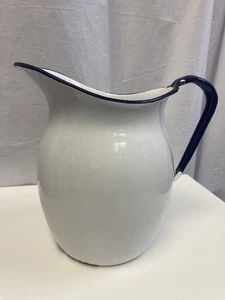 White Enamel Water Pitcher Blue Farmhouse Cottage Country Milk Jug Enamelware - Picture 1 of 9