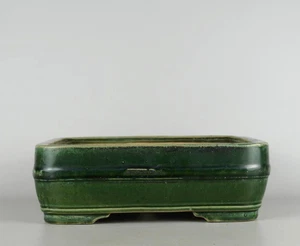 Japanese Bonsai pot HARUMATSU RYOKUMISAI sign Green glaze Belt Rctgl w12" *279 7 - Picture 1 of 8