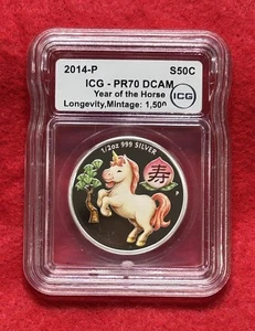 2014P Australia Tuvalu Year Horse Longevity 1/2oz Silver Coin. ICG PR70 DCAM - Picture 1 of 2