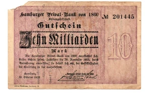 10 000 000  000 MARK  VG  BANKNOTE  FROM  GERMANY/HAMBURG   1923 - Picture 1 of 2