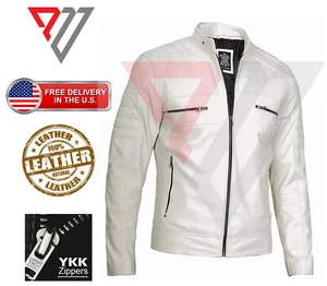 Men Real Lambskin Soft White Leather Classic Slim Fit Motorcycle Biker Jackets - Picture 1 of 3