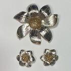Vtg Rare Estate Brushed Silver Gold Floral Brooch Pin Clip-on Earrings Set - X