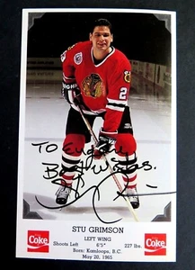 1991-92 Coca-Cola Chicago Blackhawks HOCKEY STU GRIMSON SIGNED AUTOGRAPHED - Picture 1 of 4