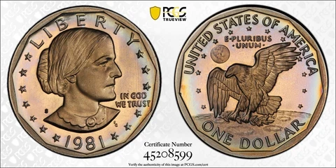 PR69DCAM 1981-S $1 SBA Susan B Anthony Proof Dollar, PCGS Secure- Pretty Toned Cover