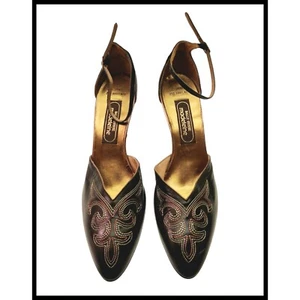 Vintage Bally Suisse Madeleine Black Leather Kitten Heel Embroidered Pumps 8.5 - Picture 1 of 12