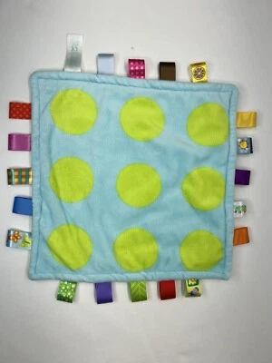 Manta de seguridad Taggies Lovey azul verde lunares felpa bebé etiquetas satinadas Foto 1 de 4