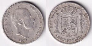 1881 Alfonso XII 50 Centimos Spanish Philippine Silver Coin KM# 150, Stock - Z16 - Bild 1 von 4
