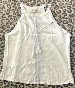 Heine Size 16 White Sleeveless Summer TOP Holiday Lace Tassel Trim Boho Rrp £39 - Picture 1 of 2