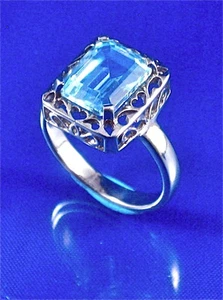 STERLING SILVER GENUINE OCTAGON BLUE TOPAZ HEART FILAGREE RING, SZ-7, 4.10 CTS - Picture 1 of 4