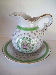 Lefton Novelty Creamer and Under Plate Green Border Petite Flowers Japan - Picture 1 of 12